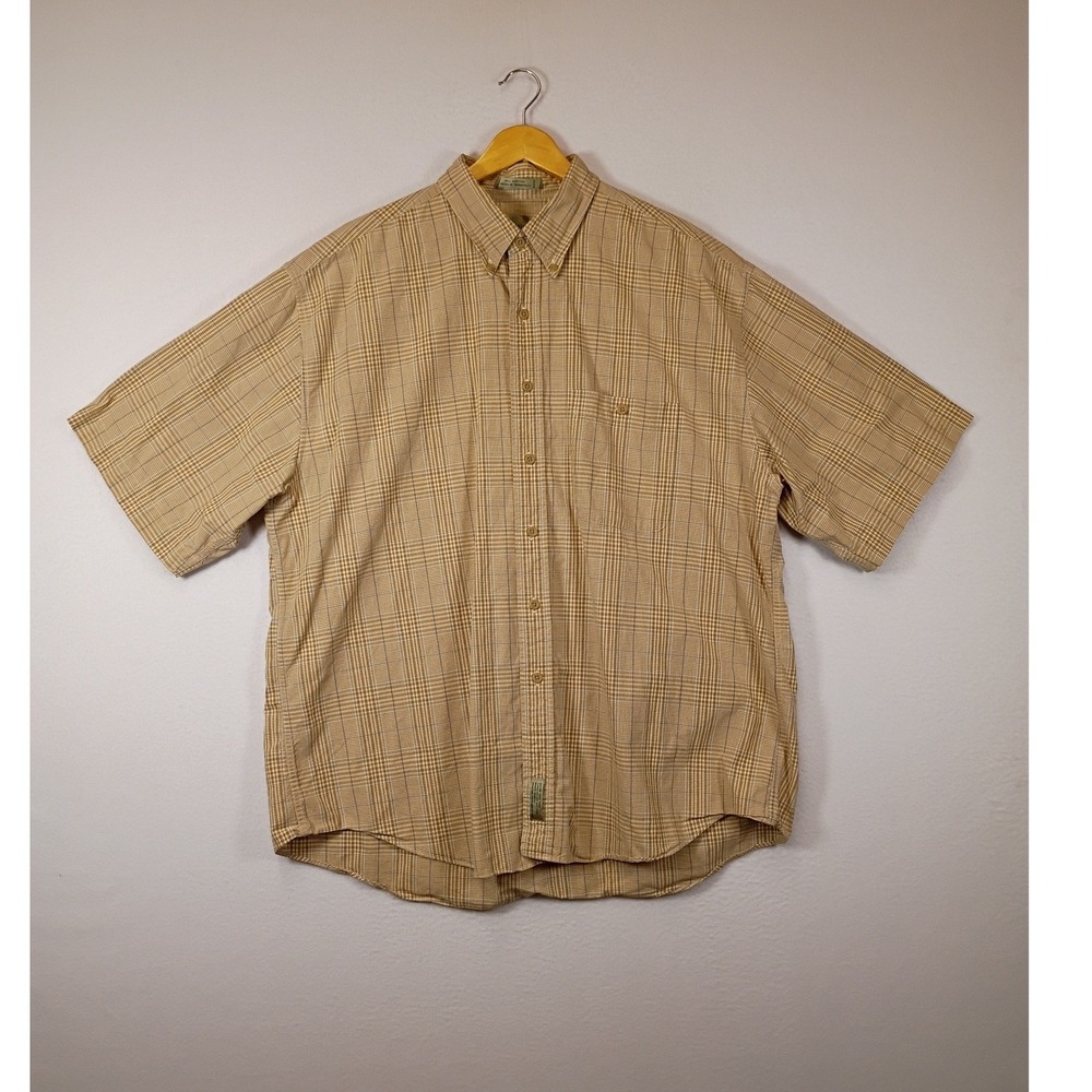Vintage Aesthetic Bill Blass Mens XL Tan Plaid Short Sleeve Button Down Shirt
